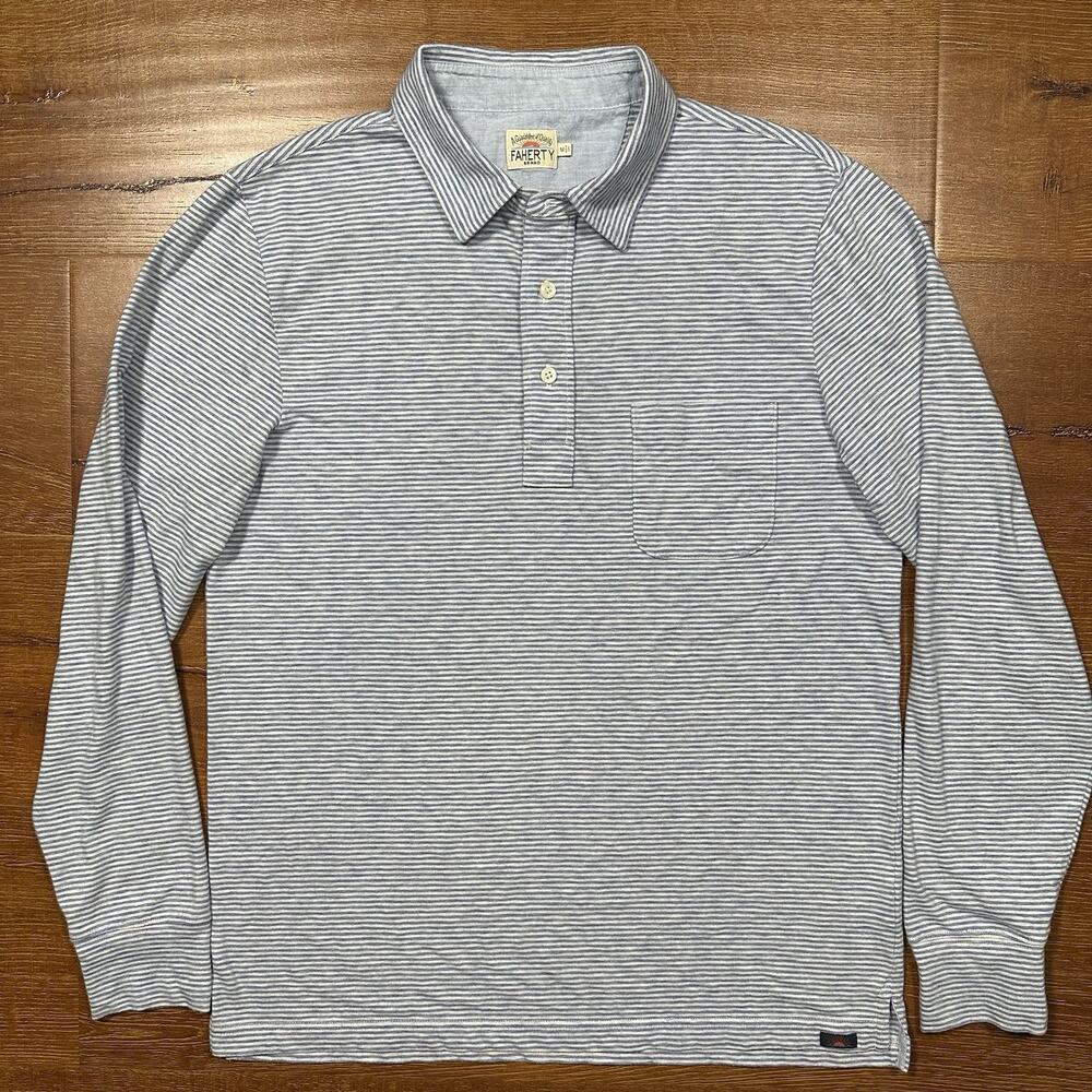 Faherty Polo Shirt Men M Blue Striped Long Sleeve Pocket Lightweight Preppy City